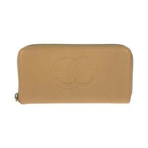 CHANEL Coco Mark Beige Gold Hardware Caviar Leather Long Wallet Round Zipper ...